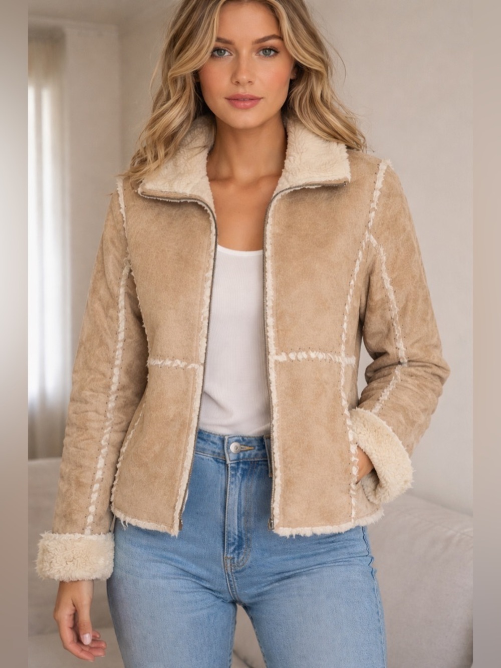 Vintage Y2K leather Sherpa Jacket Shearling Style Coat Aviator Beige Warm